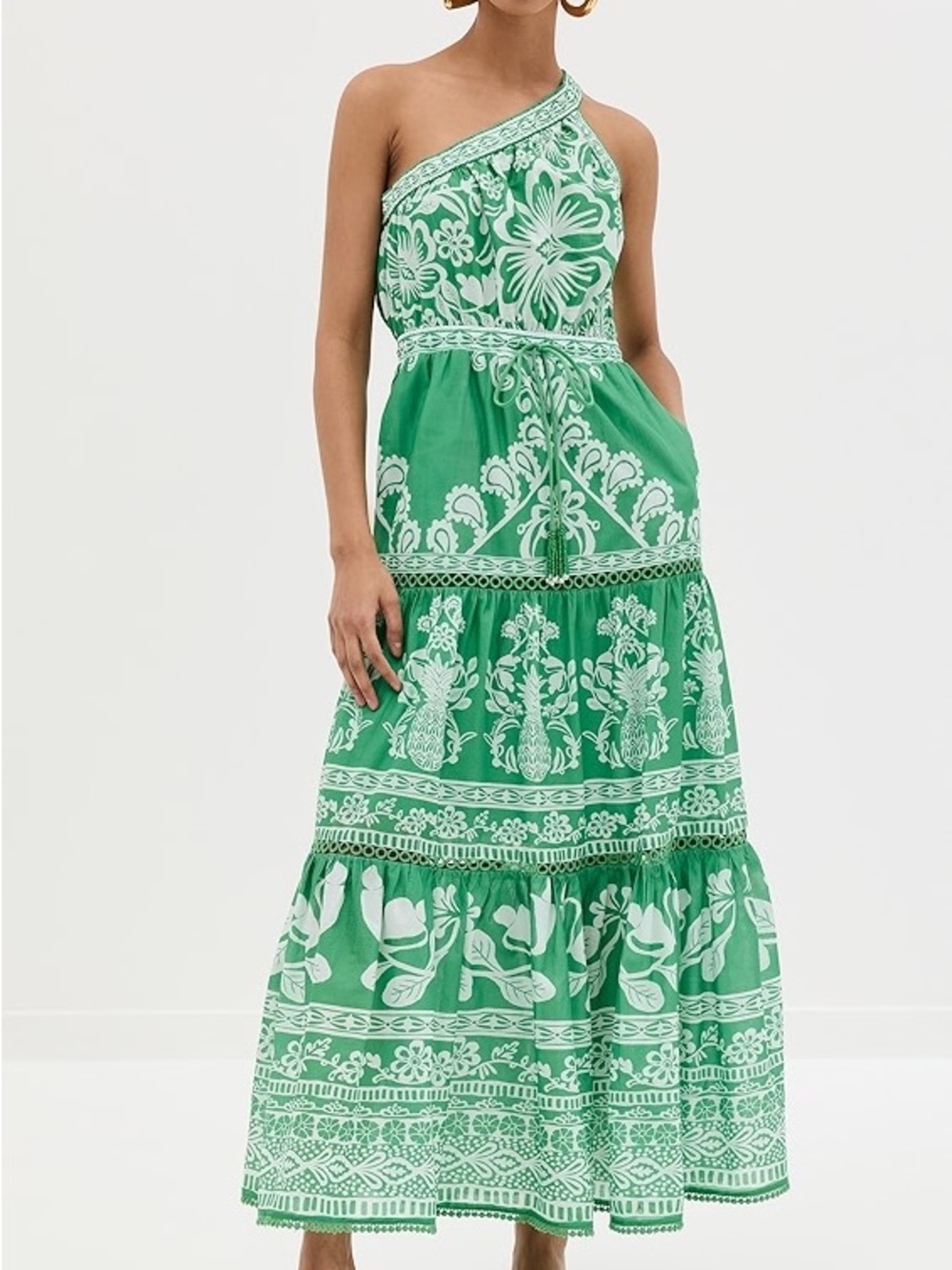 FARM Rio Green One-Shoulder Floral Embroidered Maxi Dress